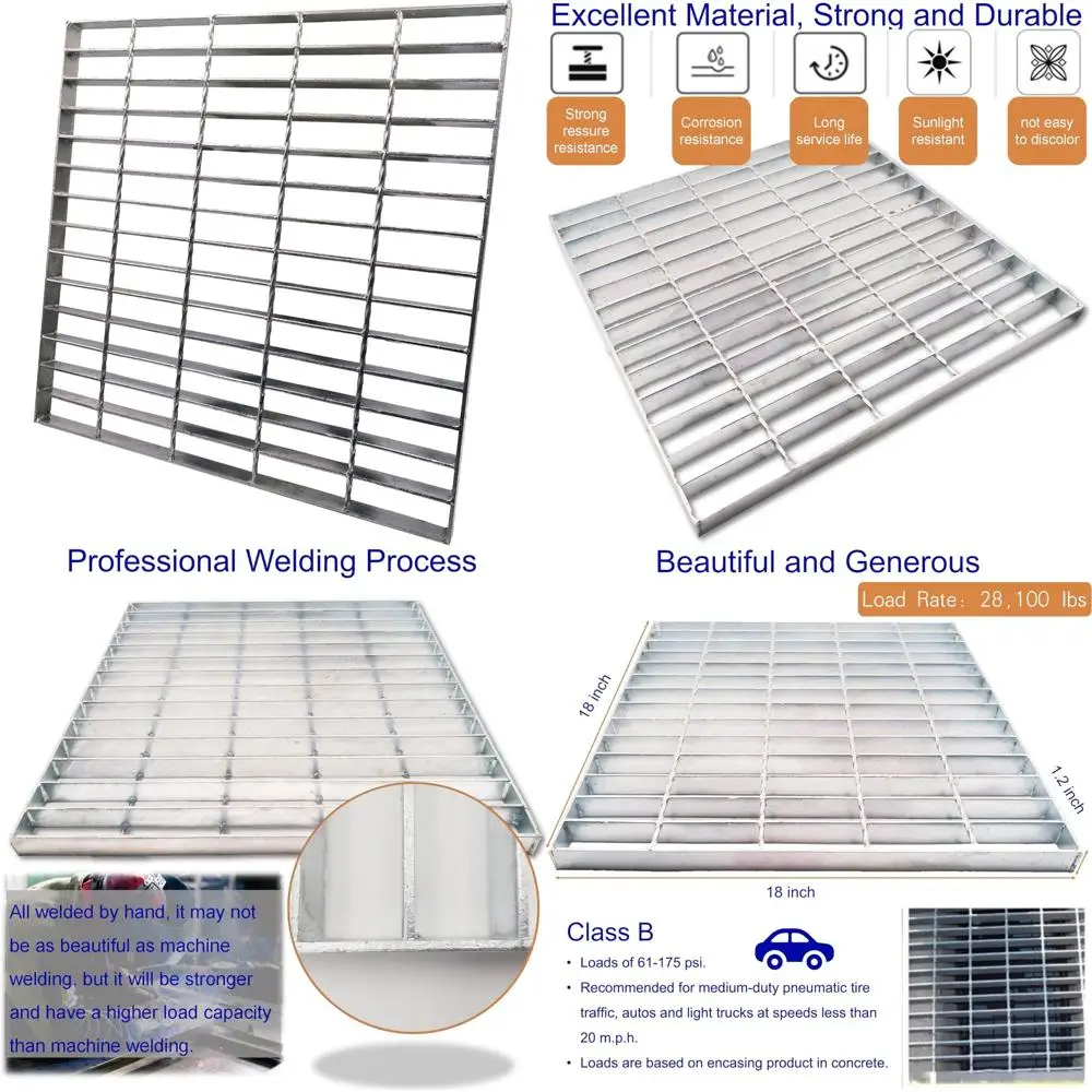 

Heavy Duty Galvanized Steel Outdoor Drain Cover, 18x18 Inch B Class Sewer Grate, Durable Silver Square Drainage System