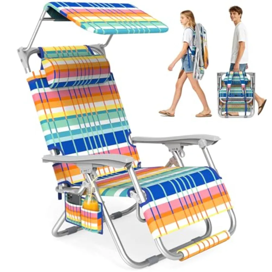 

Beach chair for outdoor use, aluminum frame with polyester fabric, navy blue, zero gravity reclining function with canopy shade