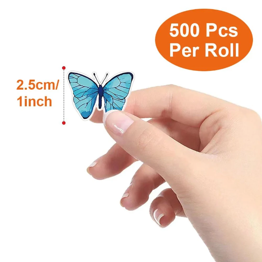 Cartoon Butterfly Stickers Cute Animal Sticker Waterproof Self-Adhesive Paper Rewards Sealing Label Decal Stationery 500pcs/roll