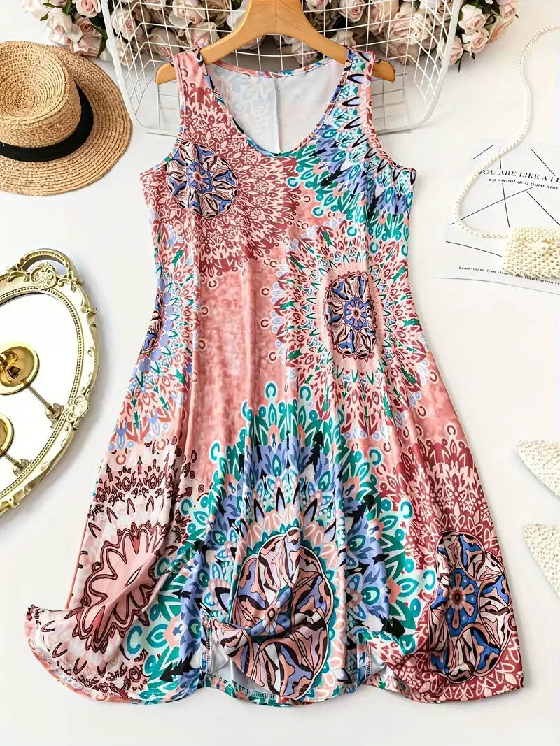 

Plus Size Women's Printed Casual V-Neck Sleeveless Dresses