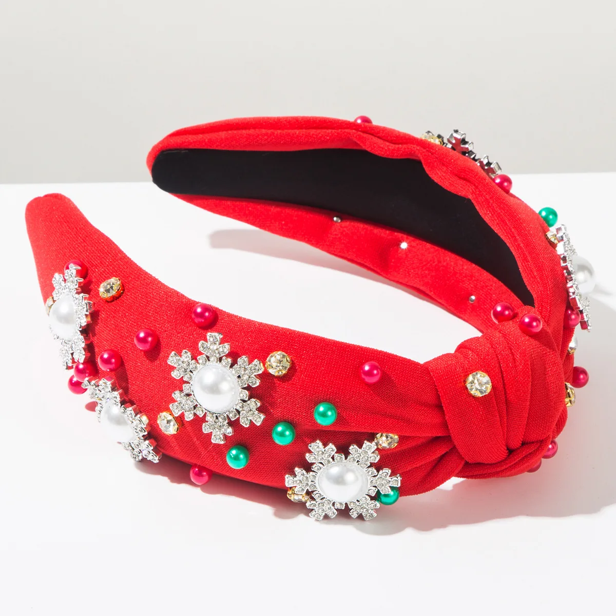 Women Christmas Snowflake Hairband Fashion Satin Studded with Rhinestone Pearls Headband Girls Party Hair Styling Accessories