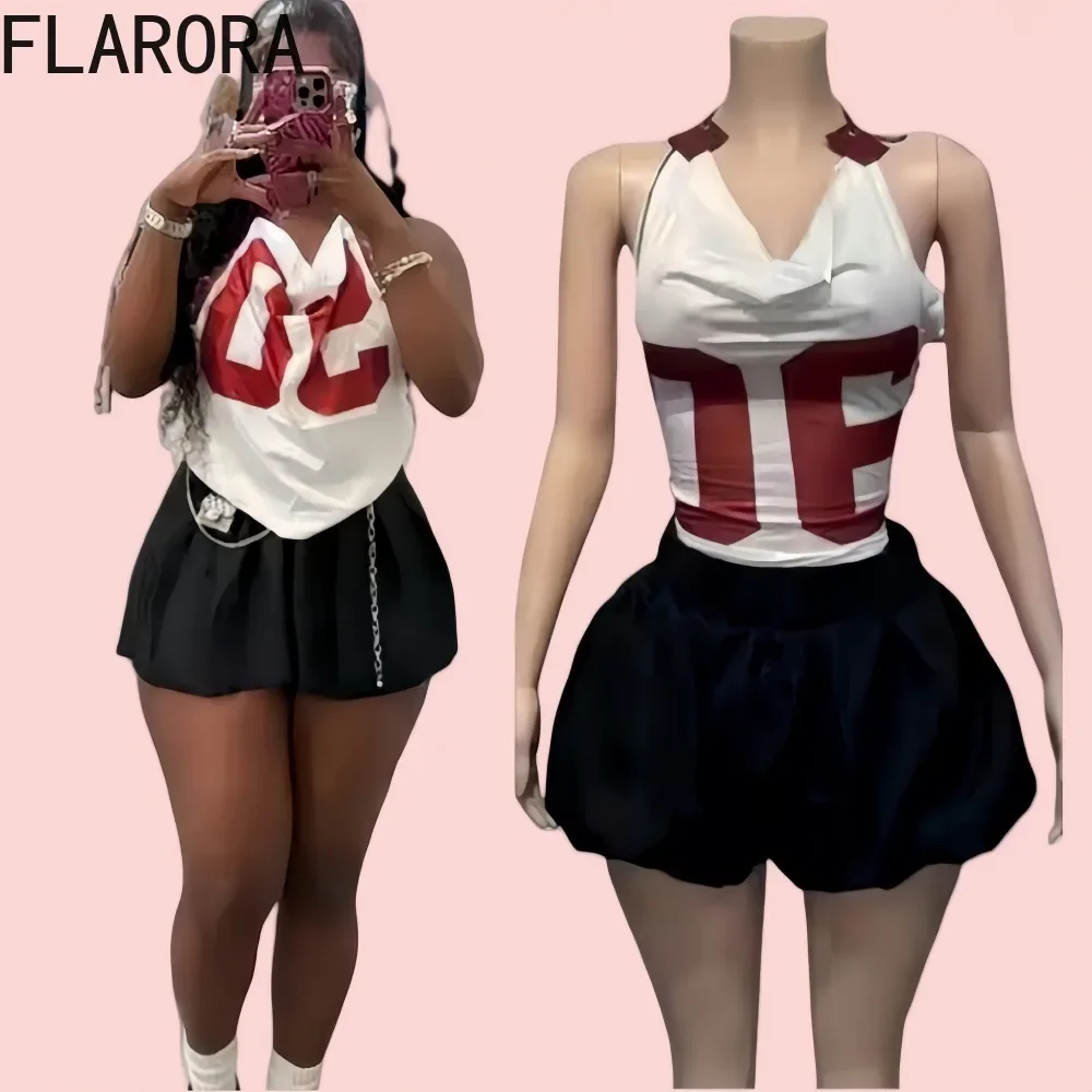 FLARORA Fashion Y2k Lace Up Mini Skirts Two Piece Sets Sexy Slim Backless Tank Top And Bubble Pleated Skirt Outfits Streetwear