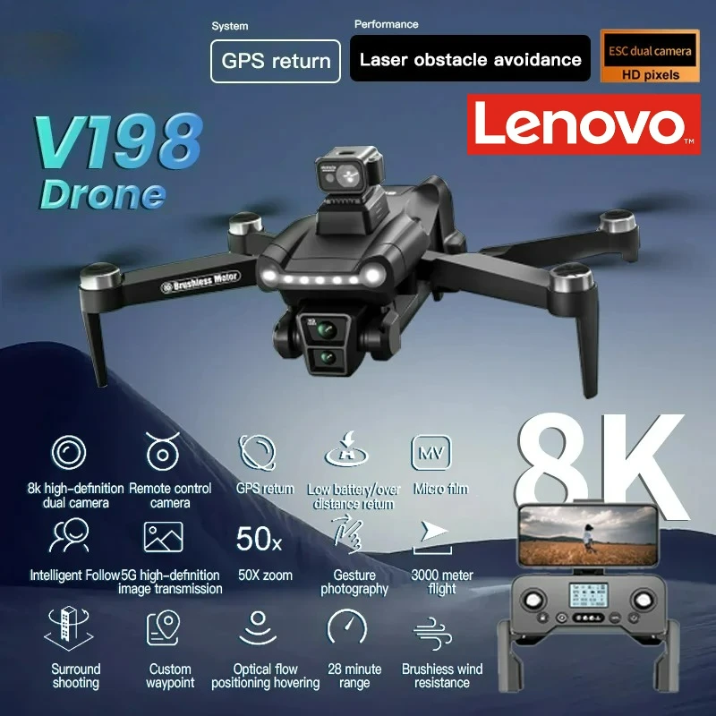 Lenovo V198GPS Drone 4K Professionele FPV Borstelloze Laser obstakelvermijding Luchtfotografie Optische Opvouwbare Quadcopter Mini 8K Drone - afbeelding 1