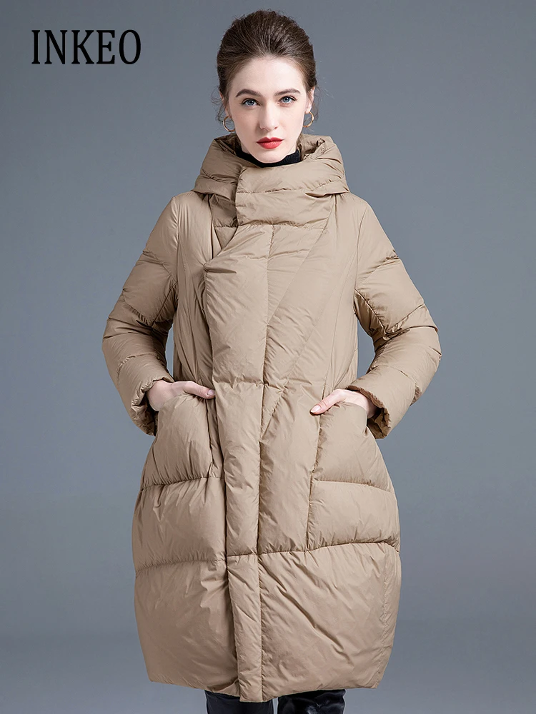 Luxury Women\'s Fluffy Long down jacket Winter Large size Fashion Pockets Hooded puffer coat Loose Female 2024 New INKEO 3O288