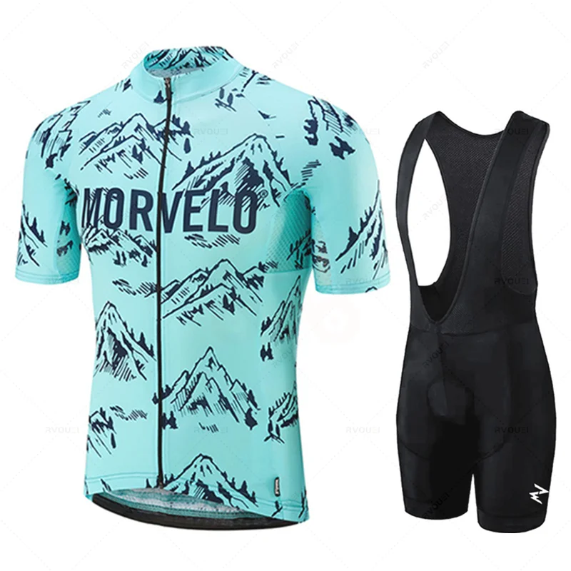 Morvelo-Cycling Jersey Set for Men, Anti-UV MTB Bike Set, Bicycle Suit, Pro Team Racing Uniform, Ciclismo Clothes, Summer, 2024