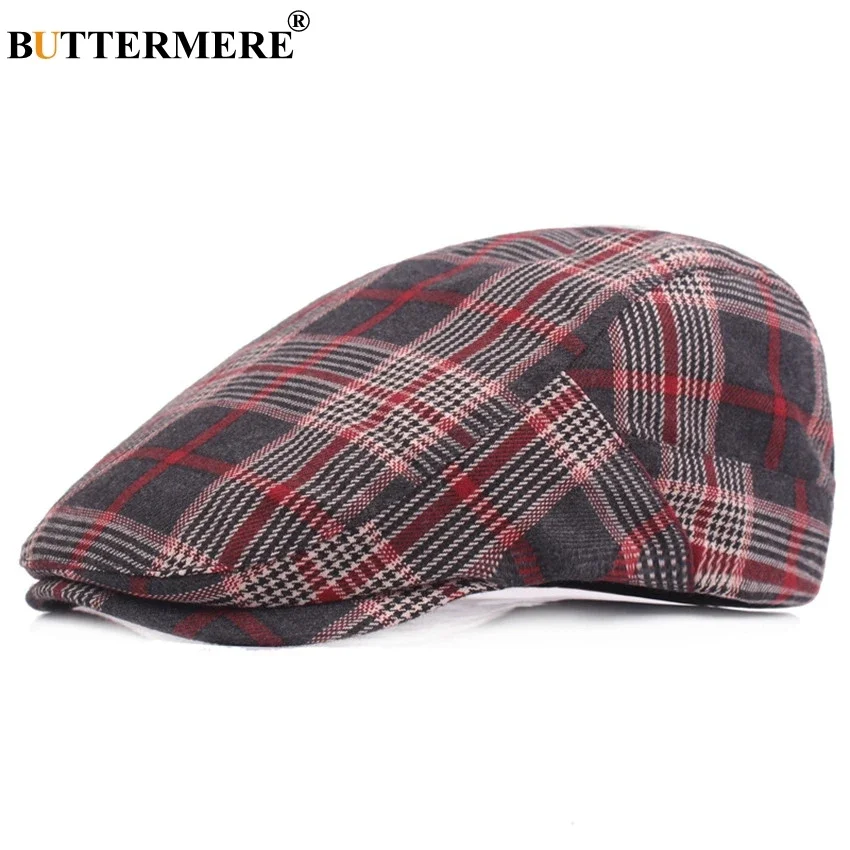 BUTTERMERE Plaid Hat Beret Men Cotton Flat Cap Checked Cabbie Beret for Women Adjustable Vintage British Style Ivy Cap and Hats