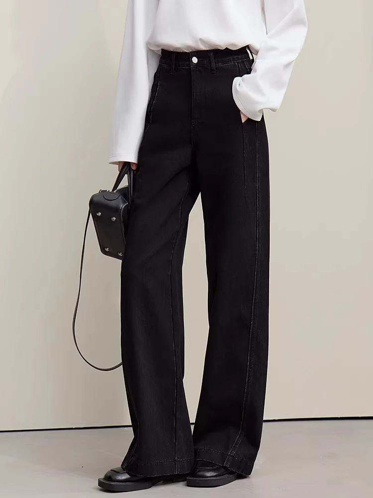 Amii calças jeans 2026 primavera nova cor sólida feminina confortável algodão jeans casual versátil solto calças de perna larga 12621095