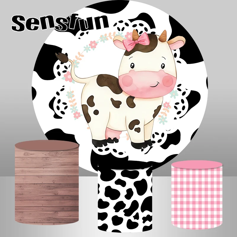 Cute Cow Round Backdrop Pink White Black Kids Newborn Baby Shower Farm Birthday Party Wood Background Plinth Covers Customized