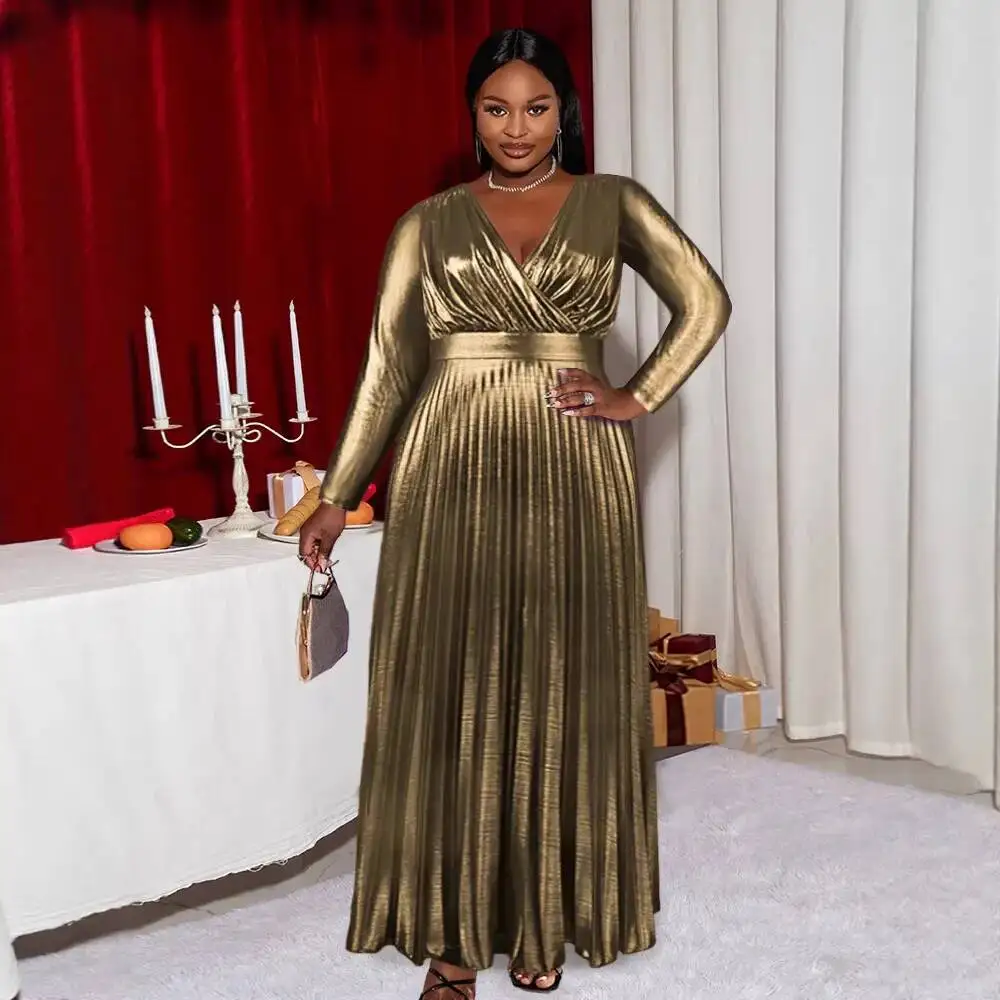 

Women's Clothing Gold Plus-size Pleated Dress V-neck Waist-cinching Slimming Long-sleeve Elegant Party Gown Long Dress Y2K