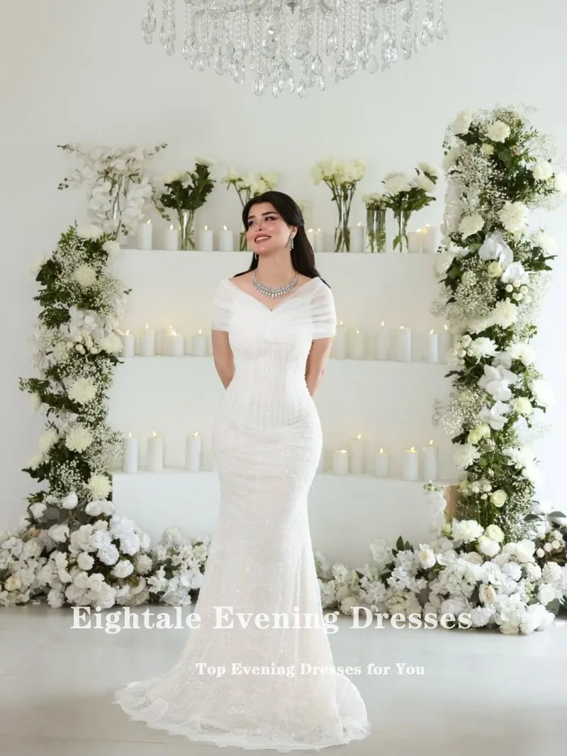 Robe de mariée arabe de quatre-quarts, épaules dénudées, dentelle, perles, personnalisée, blanc ivoire, robe de mariée musulmane, robe de soirée sirène