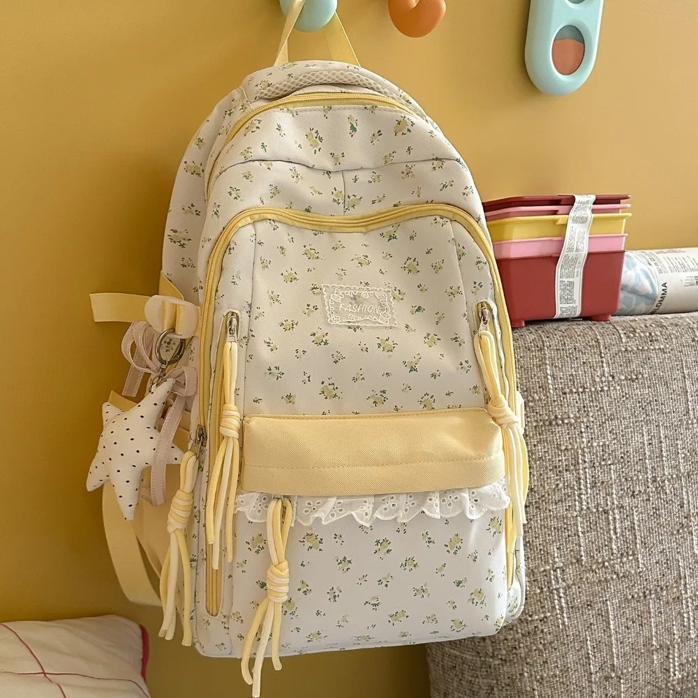 Lace Decor Floral Print Backpack Ultra Lightweight Large Capacity School Bag Fresh Aesthetic Star Pendant Daypack Short Trips