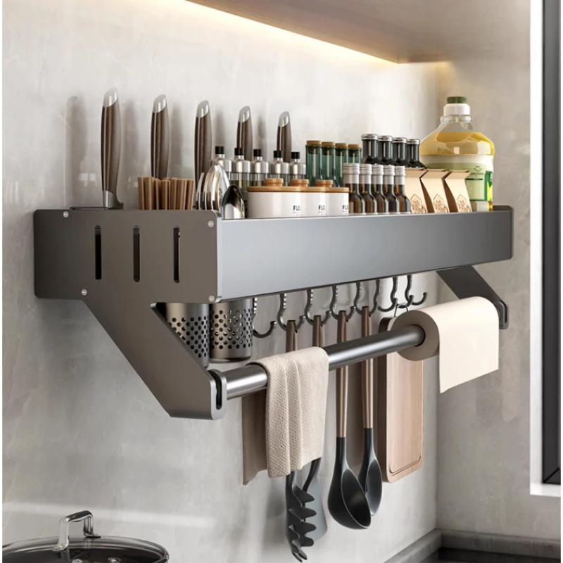 

Perforation-Free Kitchen Shelf Multi-Functional Seasoning Rack Space Aluminum Knife Holder Wall Hanging Storage