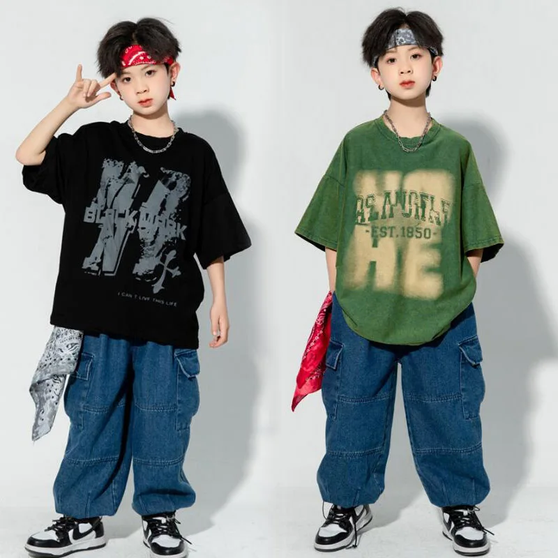 Kids Kpop Show Hip Hop Clothing Graphic Tee Oversized T Shirt Casual Pocket Cargo Pants for Girl Boy Jazz Dance Costume Clothes