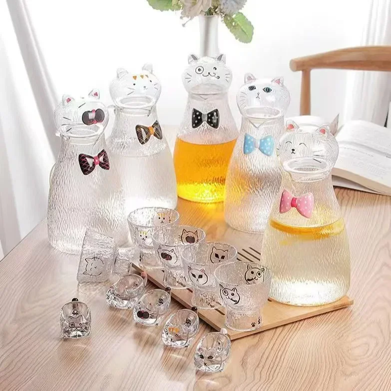 1800ml Cute Cats Shape Water Jug Hammered Glass Cold Water Pitcher Large Capacity Heat-Resistant Tea Kettles Home Drinkware Gift