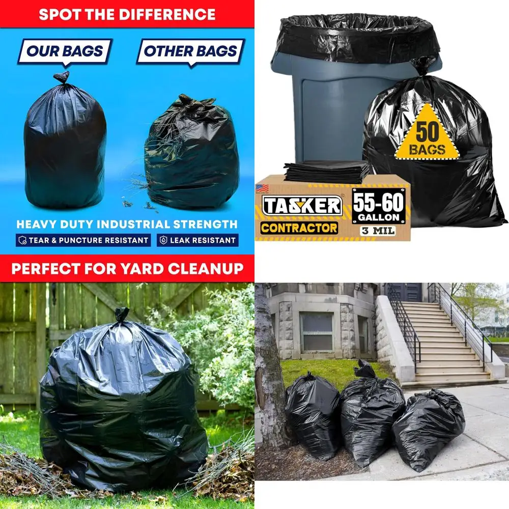 

Мешки для мусора черные, сверхпрочные, 55 галлонов, толщина 3 мил, 50 штук, с завязками, для сбора крупногабаритных отходов