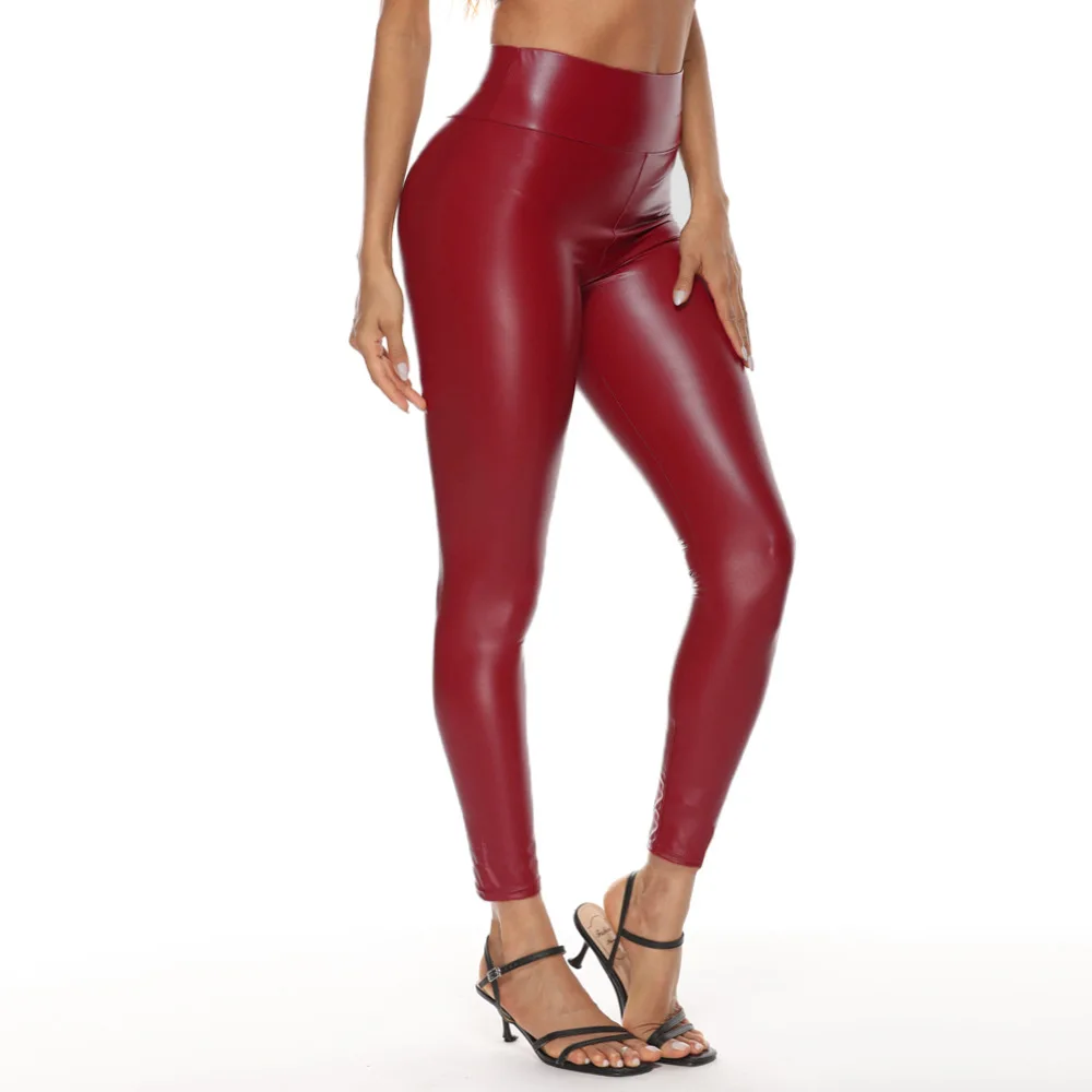 Women's high-waist leather pants, tummy control, black tapered, for party 2026