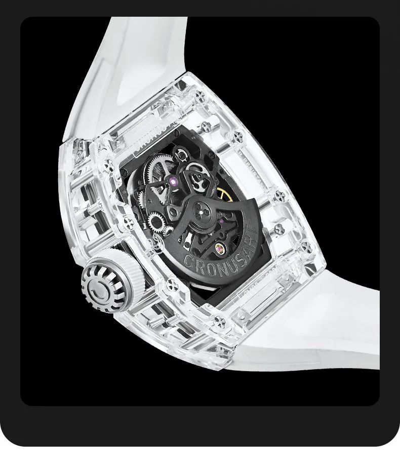 CRONUSART мужские автоматические часы с сапфировым корпусом 50 мм * 42 мм механические наручные часы Tonneau светящийся фторкаучуковый ремешок скелетонизированный циферблат