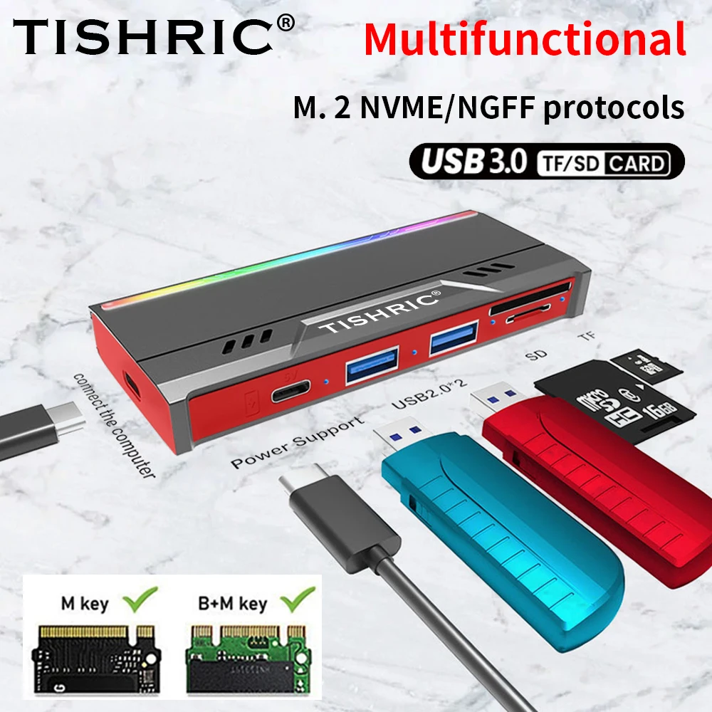 Custodia portatile multifunzionale esterna TISHRIC M.2 SSD Custodia portatile NVME/NGFF a doppio protocollo Supporto 2230/42/60/80 per PC portatile