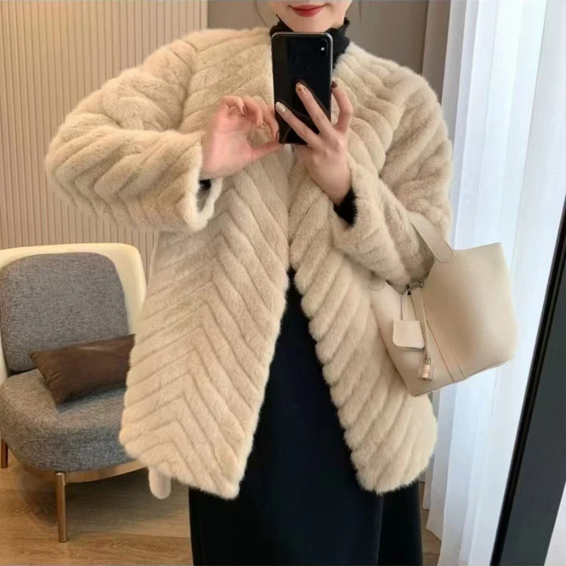 Winter Striped Women Tops Mink Coat Luxury Eco-friendly Fur Faux Mink Soft Belted Coats Long Sleeve Jacket Clothing Trendy New