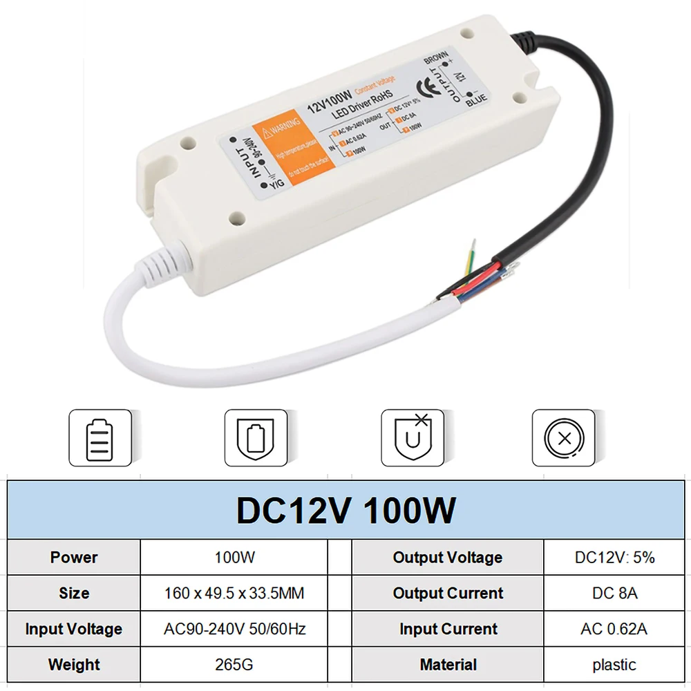 Corrente constante de grande tensão LED Driver, AC 90-240V, 18W, 28W, 48W, 72W, 100W, protegido Fonte de alimentação, DC 12V Adaptador