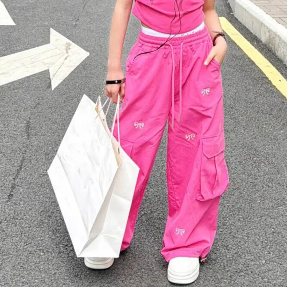 Fashion Embroidered Baggy Cargo Pants Multi Pockets Drawstring Sweet Bow Pants High Waist Trousers Y2k Pants Girl Students