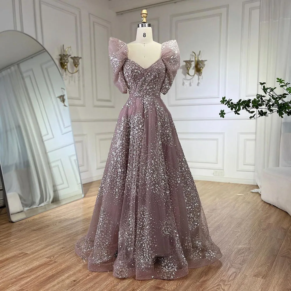 Customized 2024 Dubai Arabic Elegant Pink A Line Beaded Evening Dresses Gown Luxury Dress For Long Party LA72447