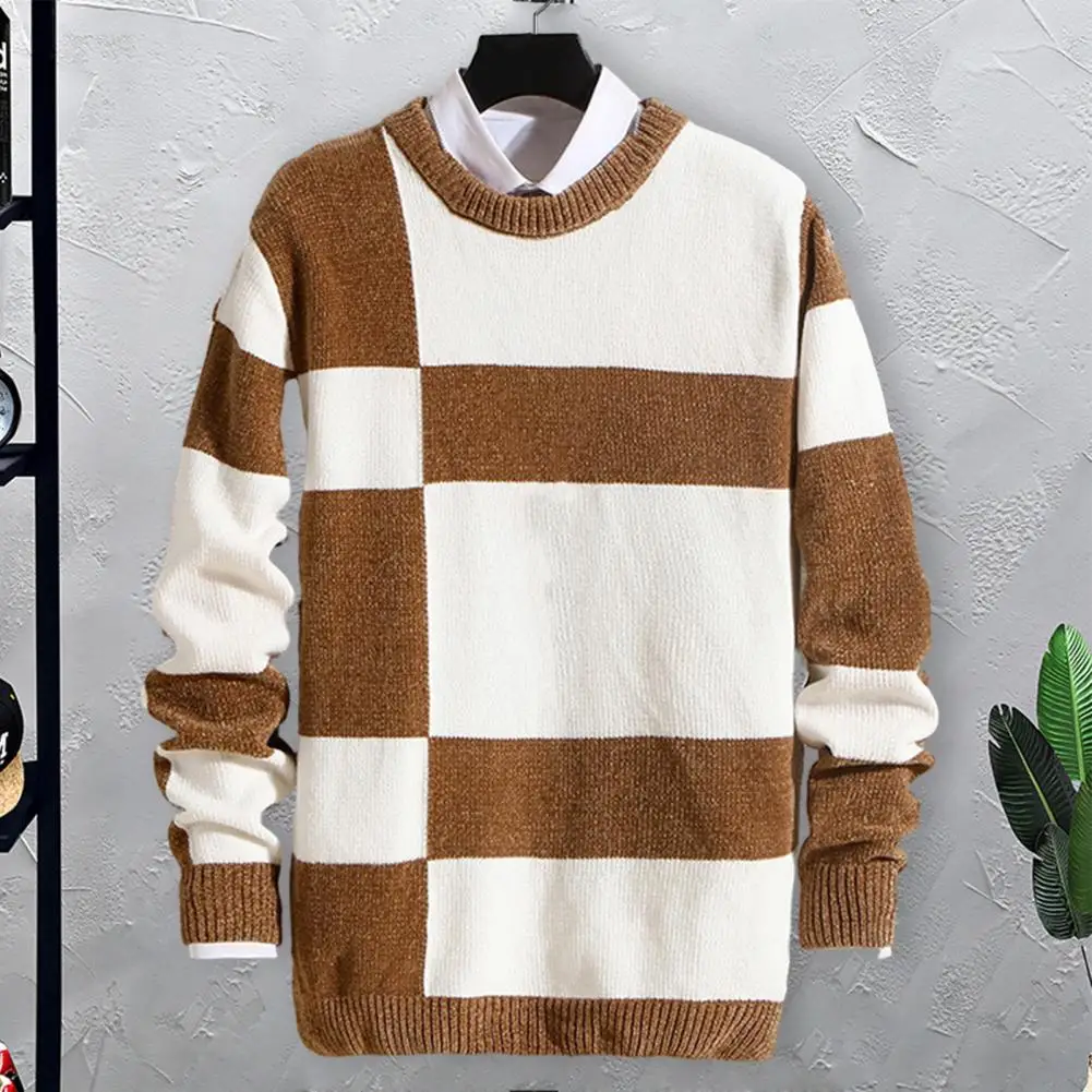 Color Matching Sweater Slim Fit Sweater Colorblock Knitted Men's Winter Sweaters Thick Soft Stylish Pullovers for Outdoor