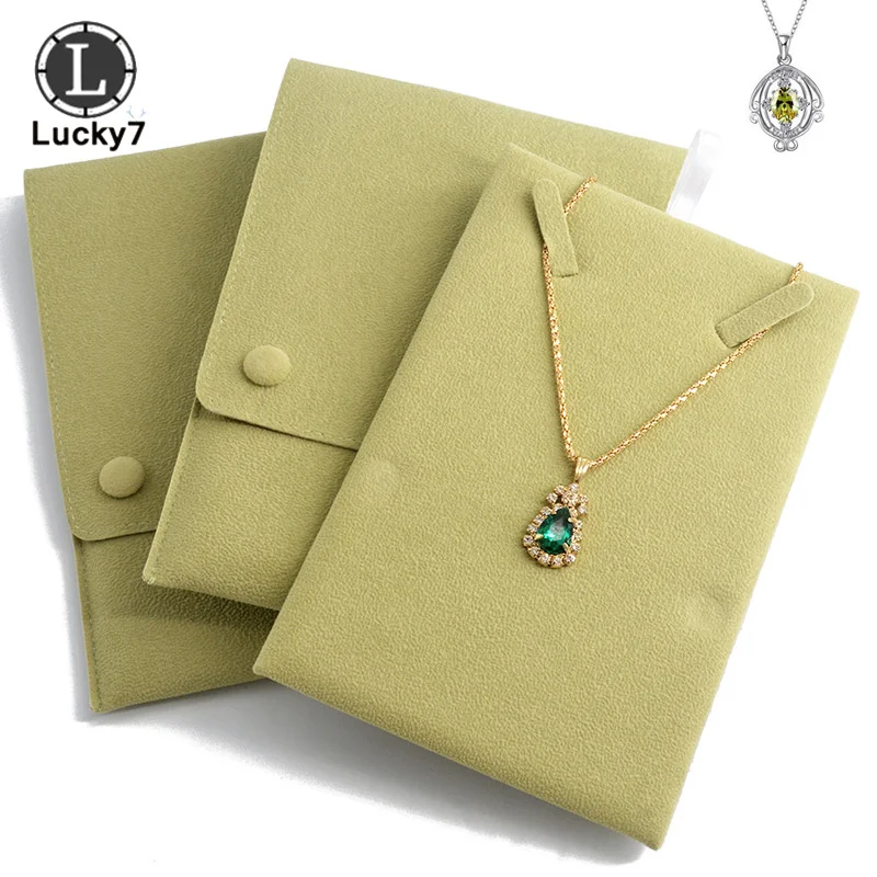 Thickened Bead Velvet Double-row Snap Button Cloth Bag Necklace Pendant Card Board Style VA Grass Green Jewelry Storage Bag