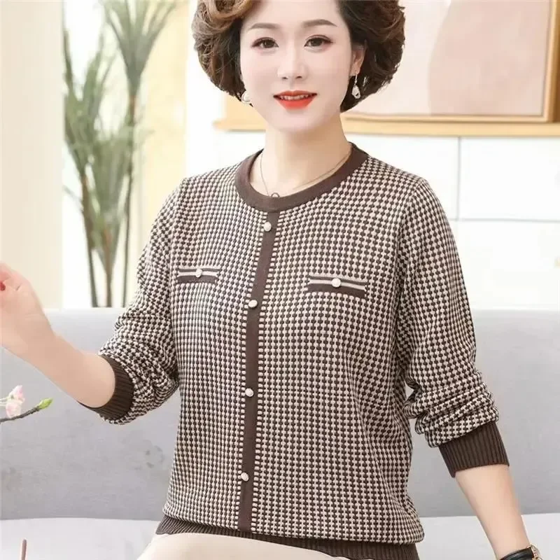 

Women Clothing Fashion Houndstooth Knitting Top Tee Autumn All-match Loose Buttons O-neck Long Sleeve Sweater Ladies Pullovers
