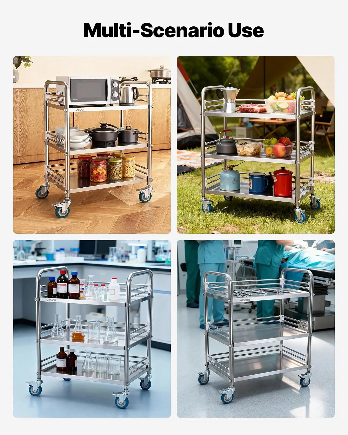 Stainless Steel Rolling Cart, 3-Tier Metal Utility Cart with Lockable Wheels, Medical Serving Trolley Clinic Tray, Mobile Servic - view 6