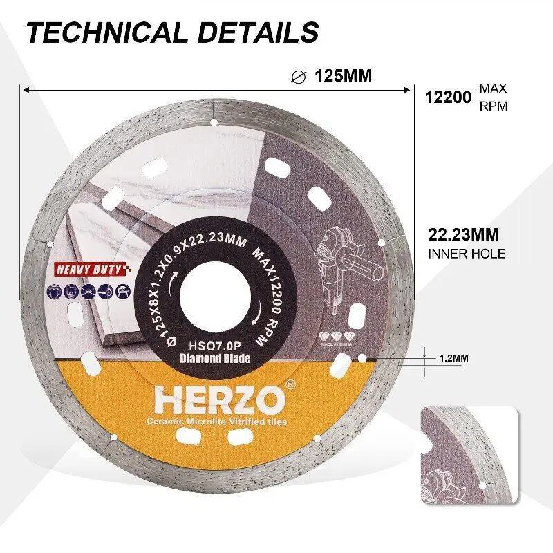 HERZO 125MM/5” Geramic Cutting Blade For Angle Grinder Diamond Cutting Disc Turbo Blade Porcelain Tile