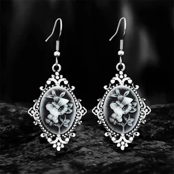 Vintage Gray Butterfly Plant Cameo Earrings For Women Antique Silver Plated Stainless Steel Hook Cameo Earring