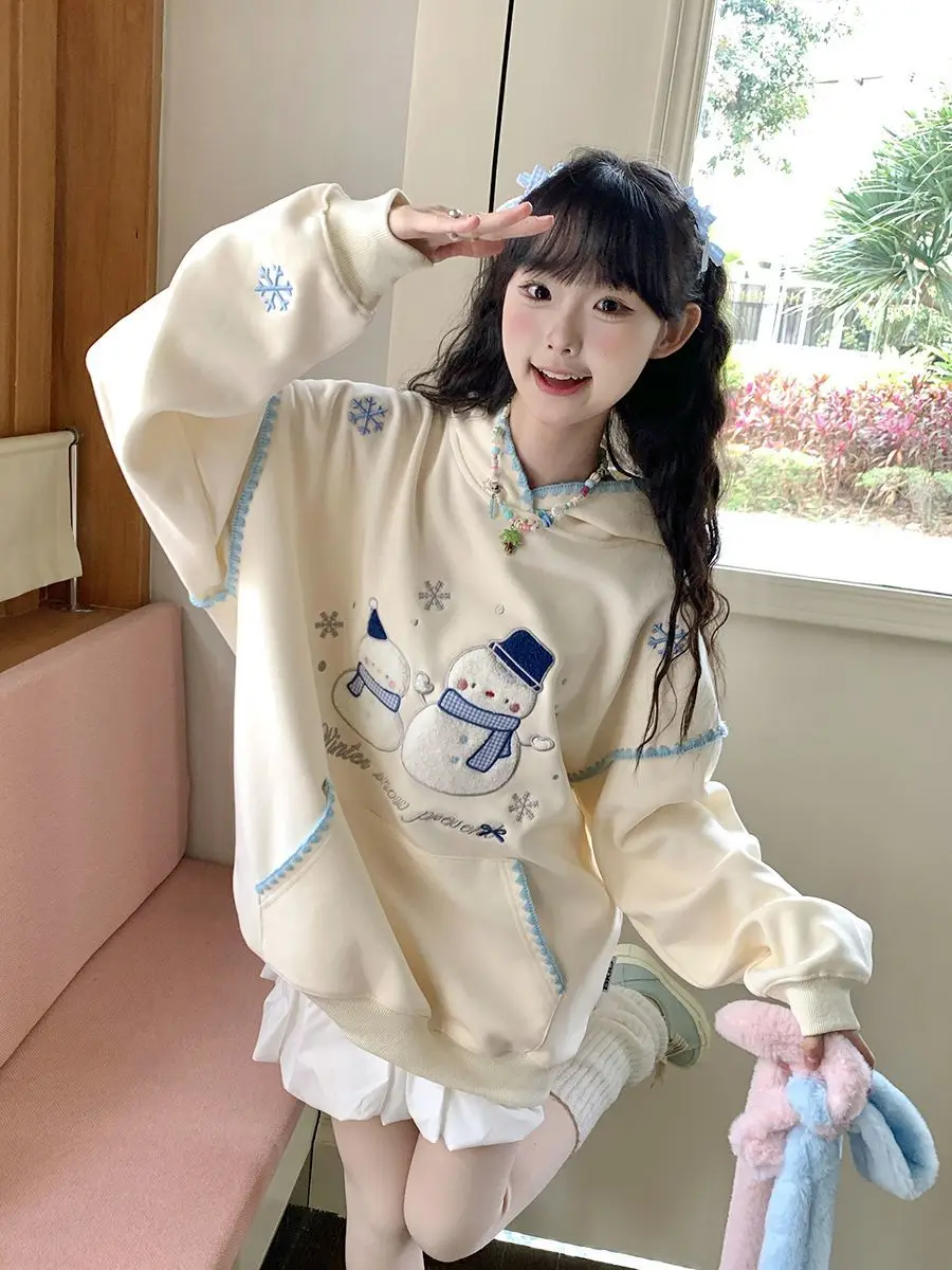 

Японская милая крутая милая толстовка с капюшоном и вышивкой снеговика для женщин, зимняя новая свободная бархатная куртка для ленивых студентов