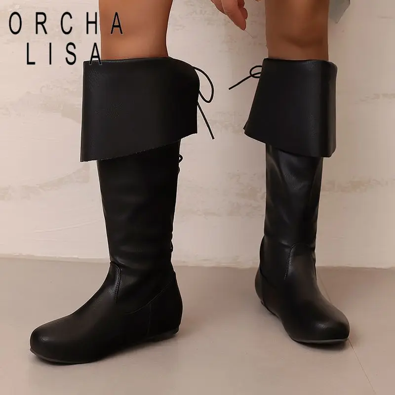 

ORCHA LISA Designer Women's Knee High Boots Round Toe Flats Lace Up Oversize 45-48 Trendy Retro Soft Daily Autumn Bota Casual