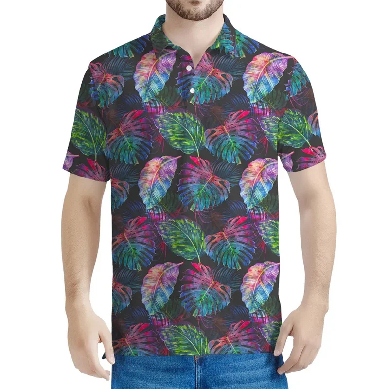 3D Printed Tropical Leaves Polo Shirt For Men Blossom Pattern Tee Summer Leisure Short Sleeve Hawaiian T-Shirts Street Lapel Top