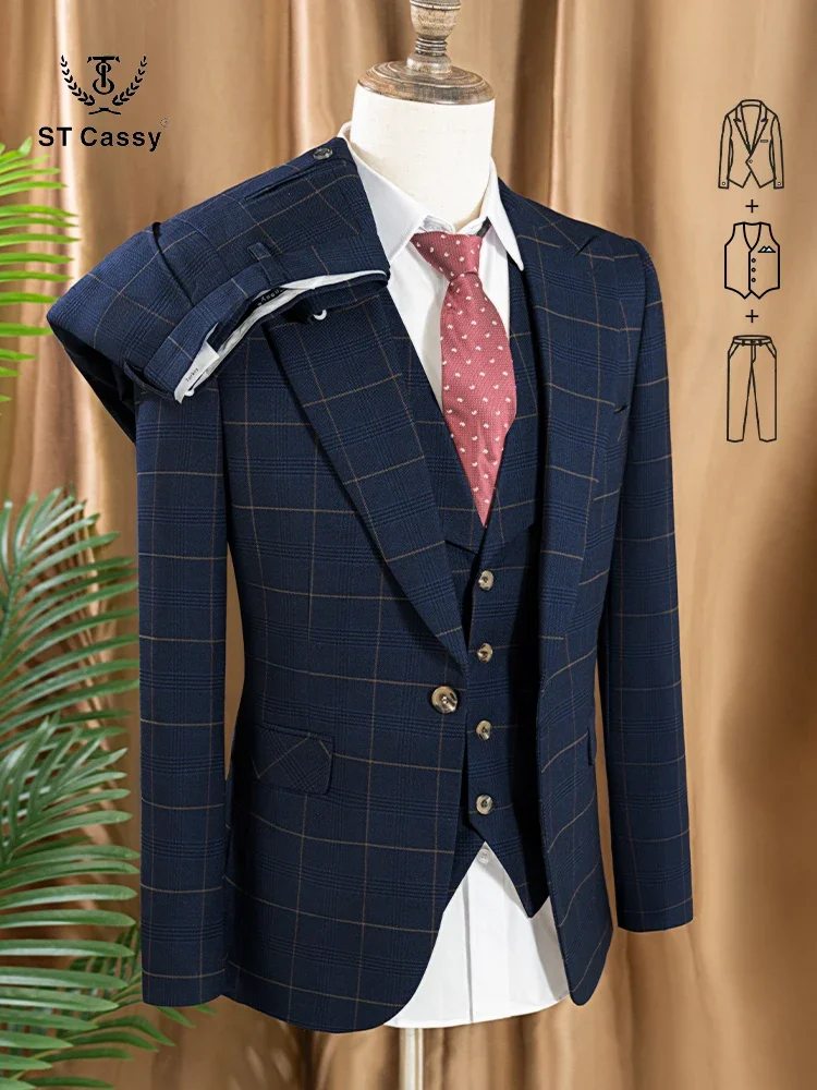 

ST Cassy high quality 3 Piece Checkered Suit Set dark blue Stylish Business Office Wedding Formal Outfit Elegant full man suit