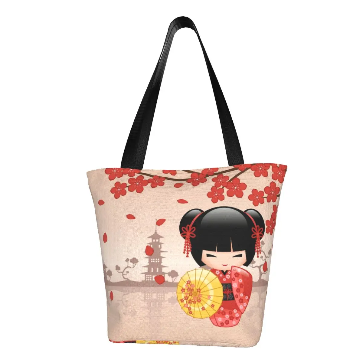 CUSTOM ญี่ปุ่นสีแดงซากุระ Kokeshi ตุ๊กตา Shopping Tote กระเป๋าน่ารัก Cherry Blossom ร้านขายของชําผ้าใบ Shopper กระเป๋าสะพาย