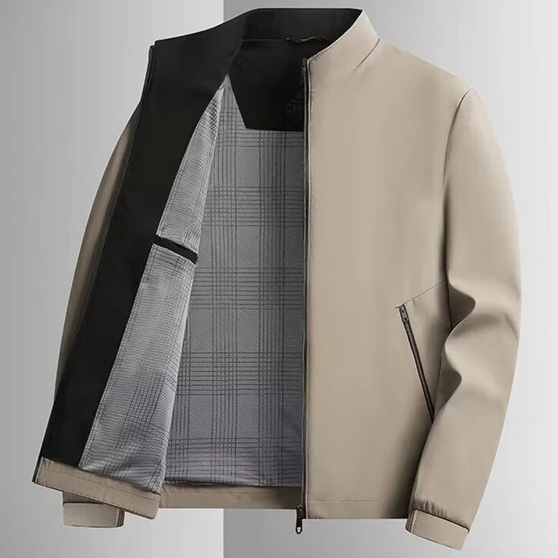 

Autumn Men's Business Jackets Stand Collar Solid Color Comfortable High-Grade Jacket Oversize With Internal Pocket Zipper Coats