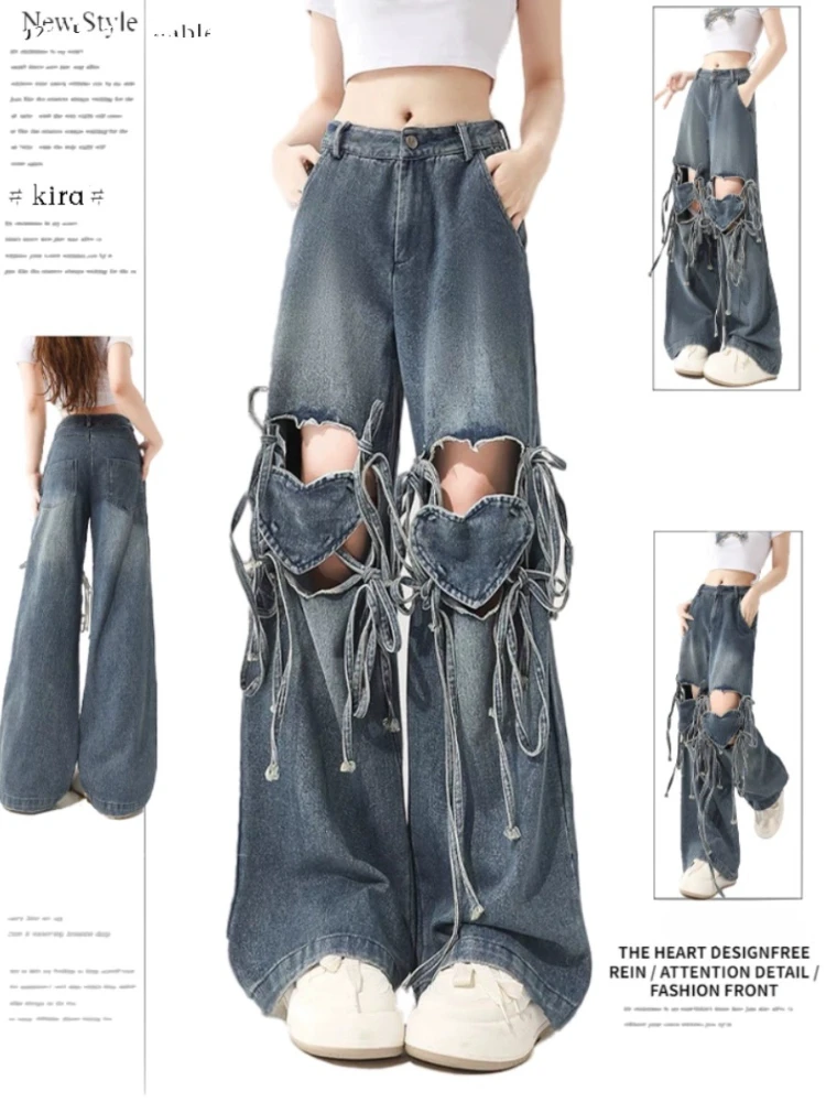 

ADAgirl Ripped Jeans for Women Y2k Fashion Oversize Heart Patchwork Kpop High Waist Wide Leg Denim Trouser Harajuku Causal Pants