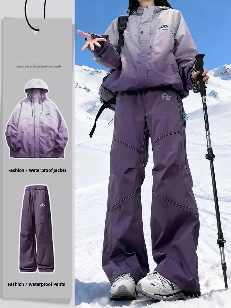 

Purple Fce Lined Ski Pants Set ex Autumn Winter Cold Proof Waterproof Outdoor Sports Casual Wear Long Sve Long Pants