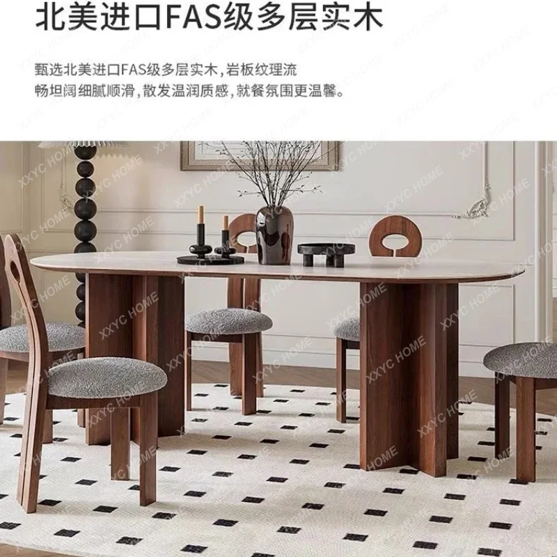 A  Medieval rock slab dining table household solid wood light luxury cream style log rectangle C56