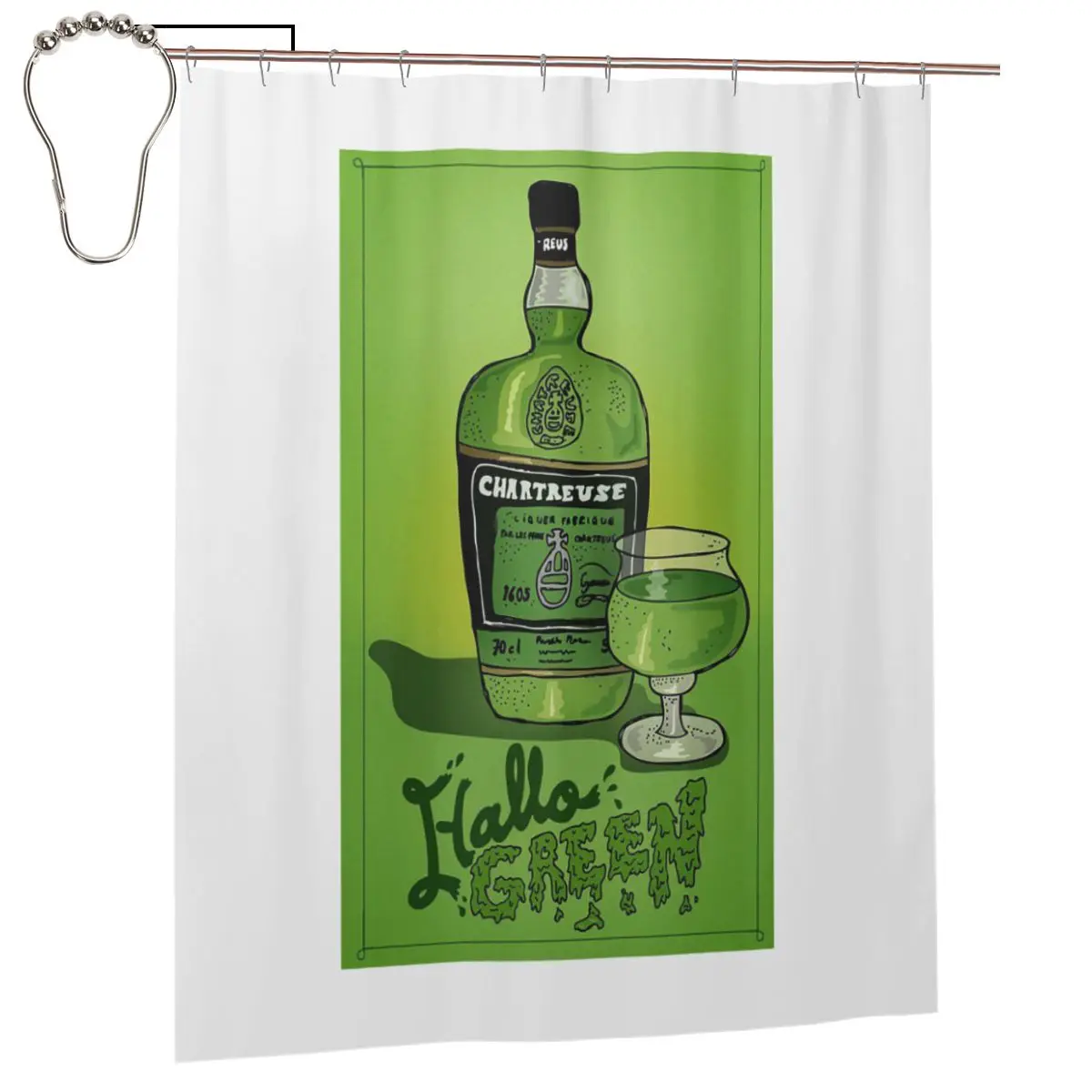 

Зеленая шторка для душа с рисунком бутылки Chartreuse и масляной живописью, полиэстеровая, водонепроницаемая, с крючками
