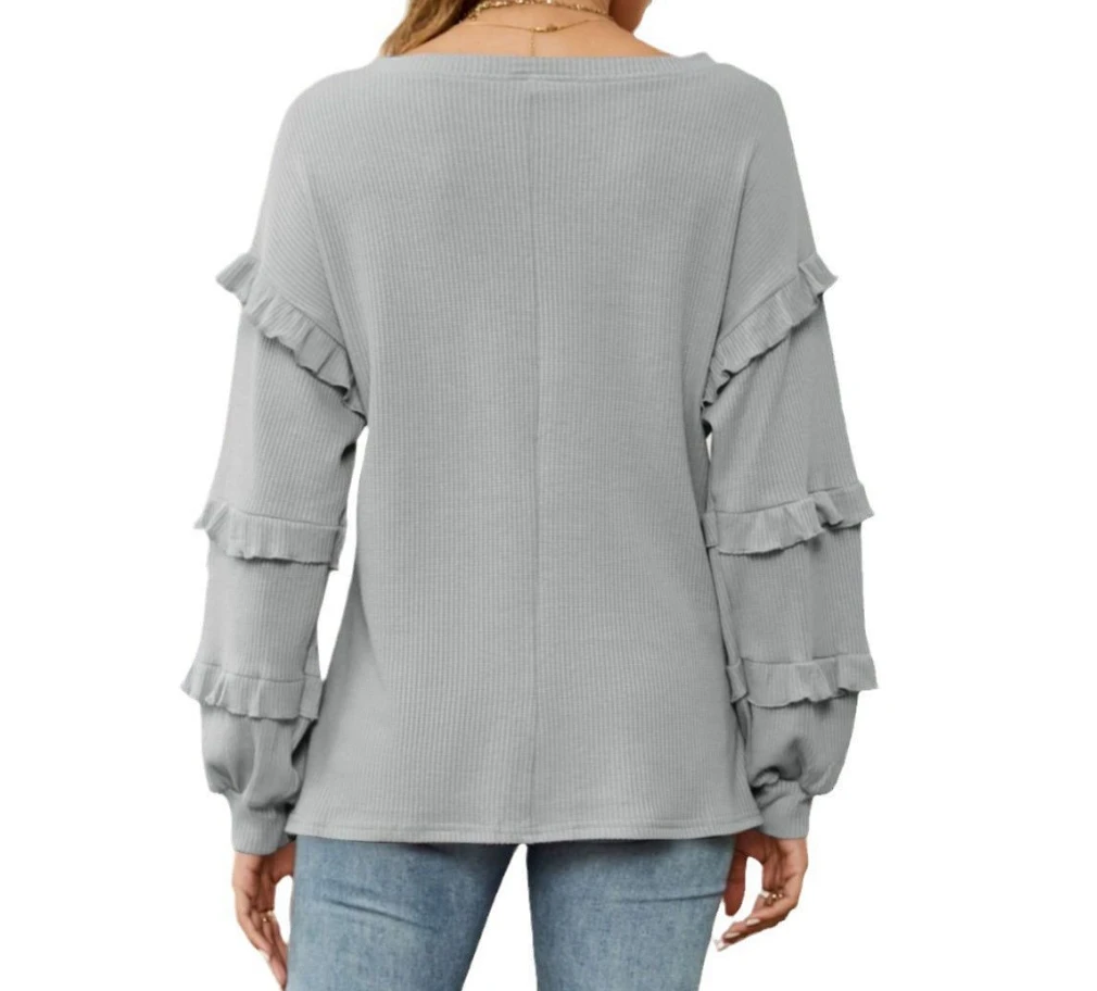 Women's 2023 New Hot Selling Casual Fashion Waffle V-Neck Loose Ruffle Top In Stock