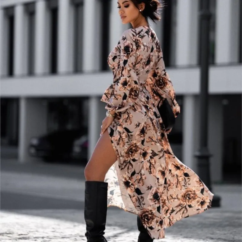 Black Printed Long Skirt Set Ladies Fashion Autumn Leopard Print Ladies Long Sleeved V-neck Lace Up Waist Leakage Sexy Set Dress