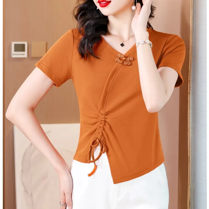 New Summer Women\'s Solid Colors V-Neck Short Sleeve Loose Thin Irregular Pullovers Drawstring Chic Comfortable All-match Tops