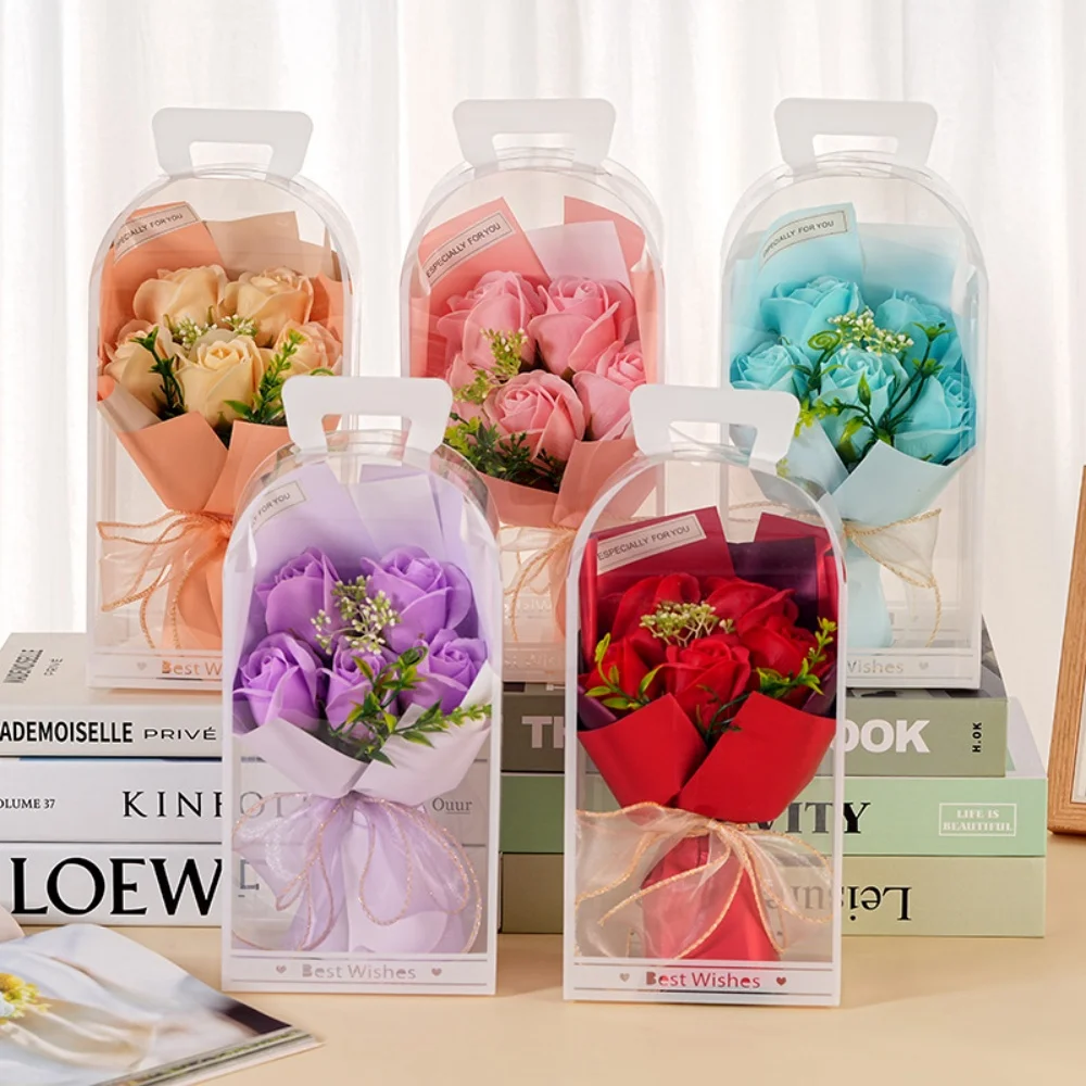 Ramo de rosas artificiales de 5 cabezas con caja de regalo transparente de PVC, flor de jabón para el Día de la madre y el Día de San Valentín