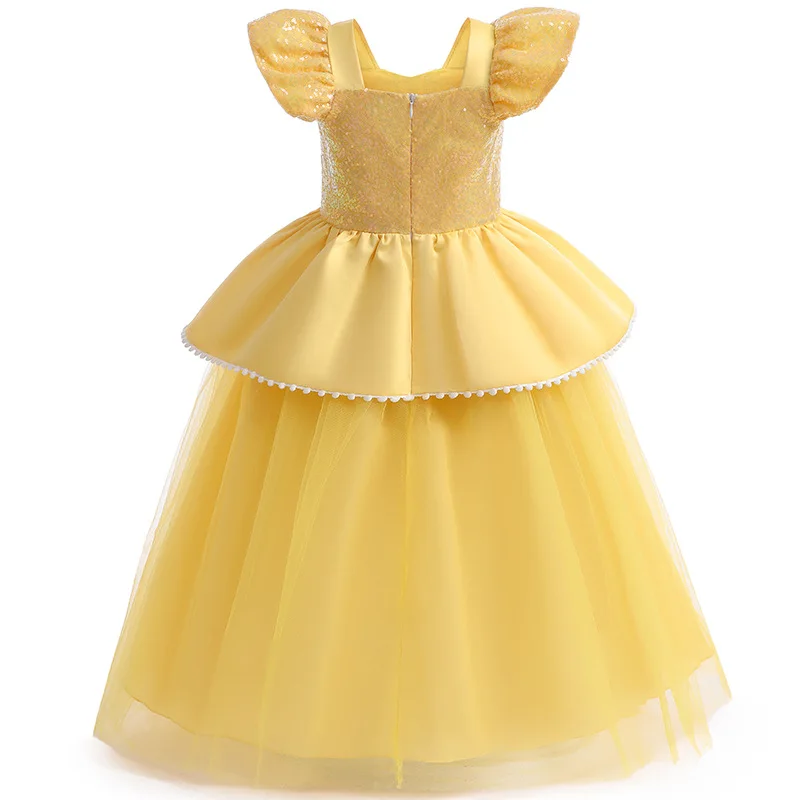 Kids Yellow Sequins Princess Layered Dress With Gloves Crown For Girls Fancy Halloween Carnival Birthday Party Cosplay Costume