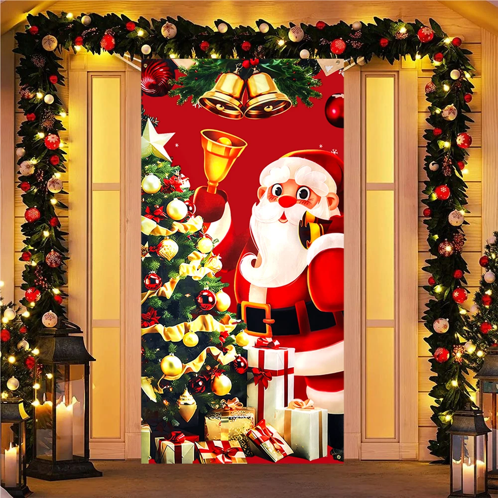 90 * 180cm Santa Claus Door Curtains Cartoon Christmas Tree Gifts Pattern Background Decoration Xmas New Year Home Party Decor