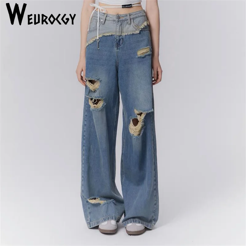 

Women's Jeans 2023 Autumn New Spliced Hole Design New Street Unisex Style Wide Leg Trousers High Waist Straight Denim Pants