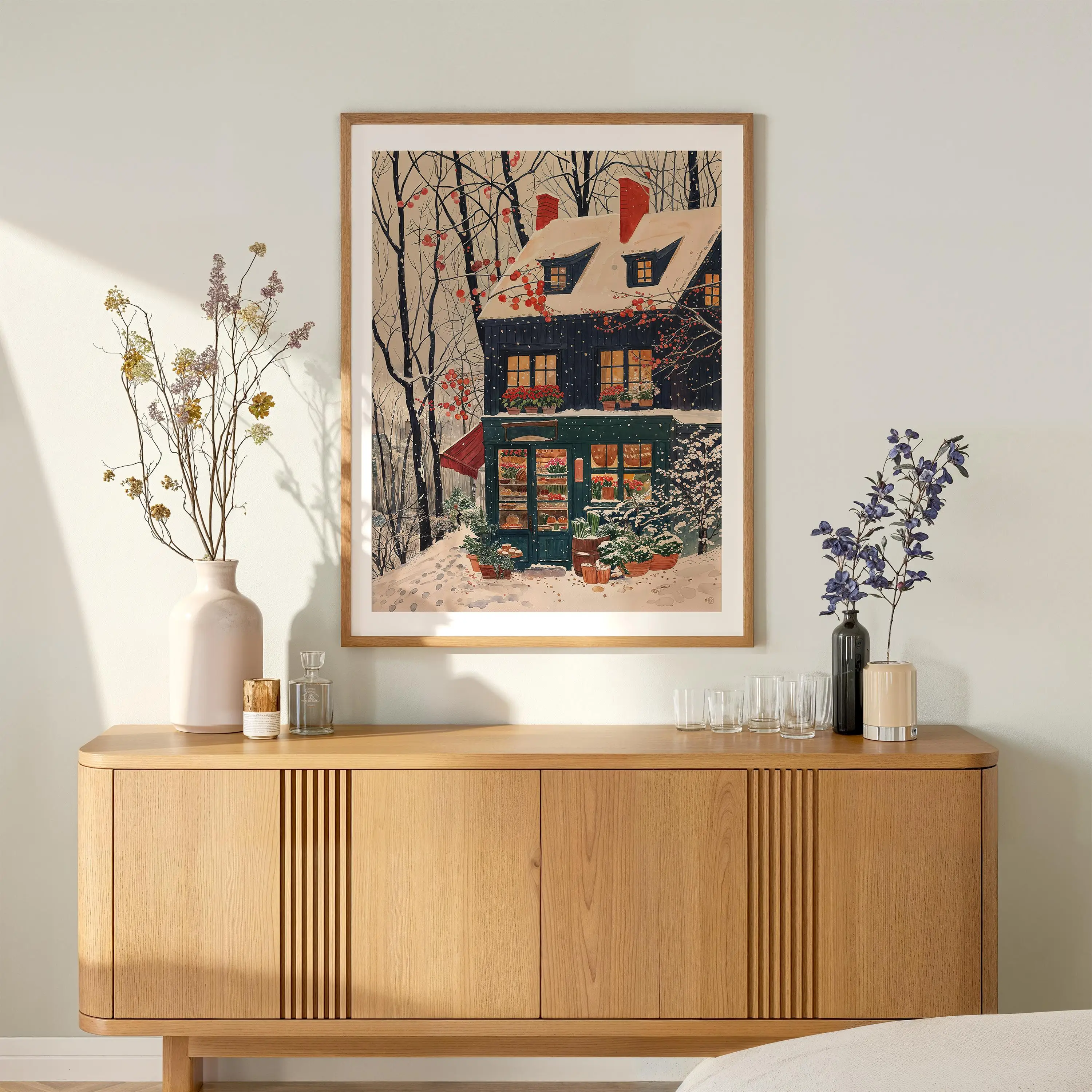 Modern Cozy Winter Bakery Christmas Art Poster - Festive Holiday Wall Art Poster Snowy French Bakery Scene for Living Room Decor